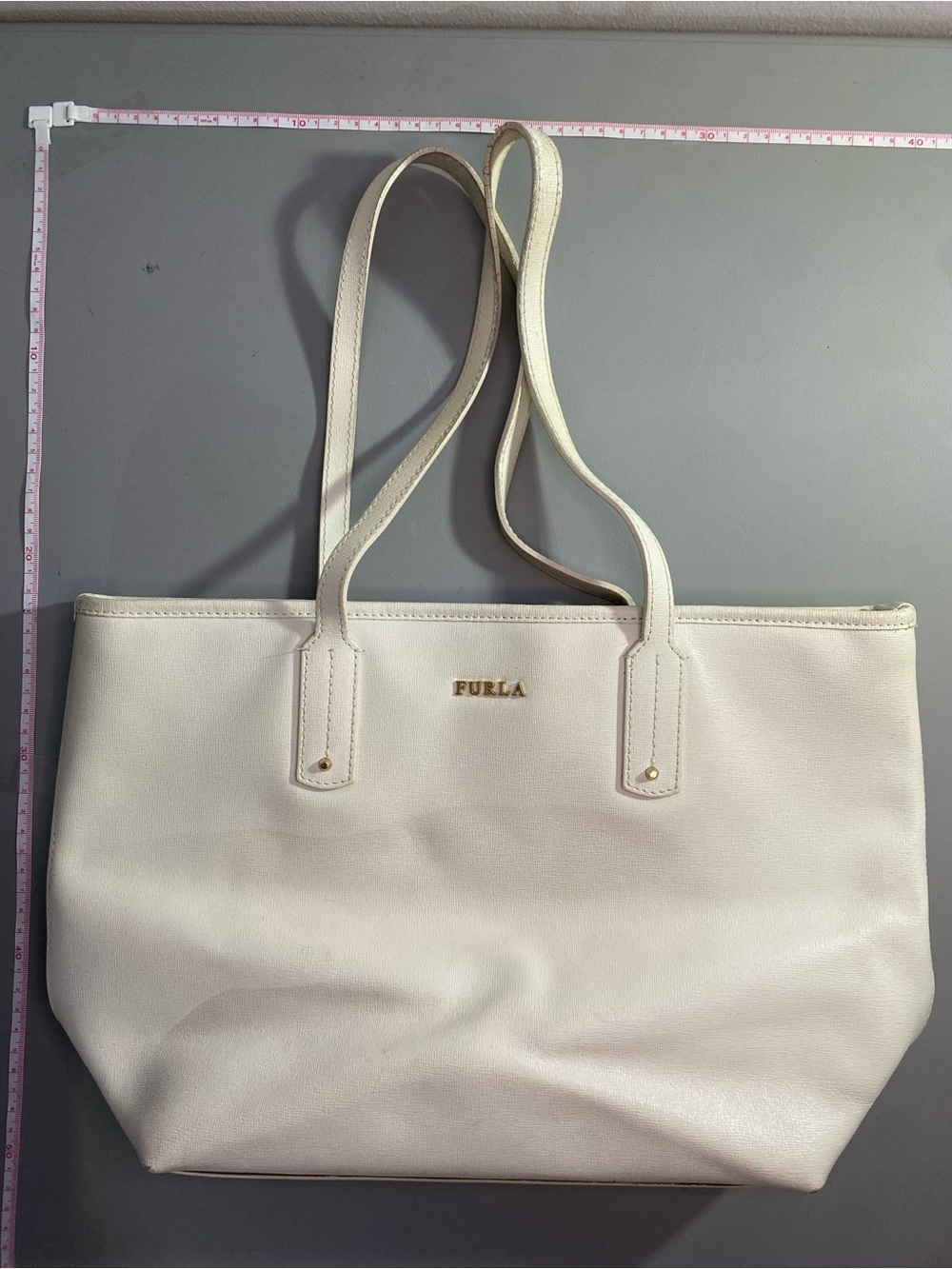 Furla Ivory Genuine Leather Tote with Gold Logo Made in Italy